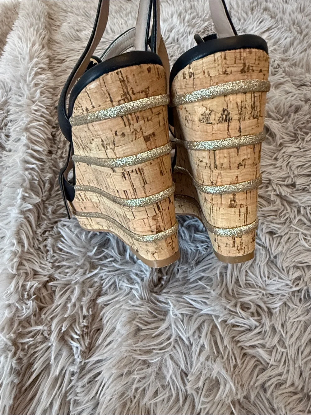 Kurt Geiger Black Leather Cork Wedge Sandals